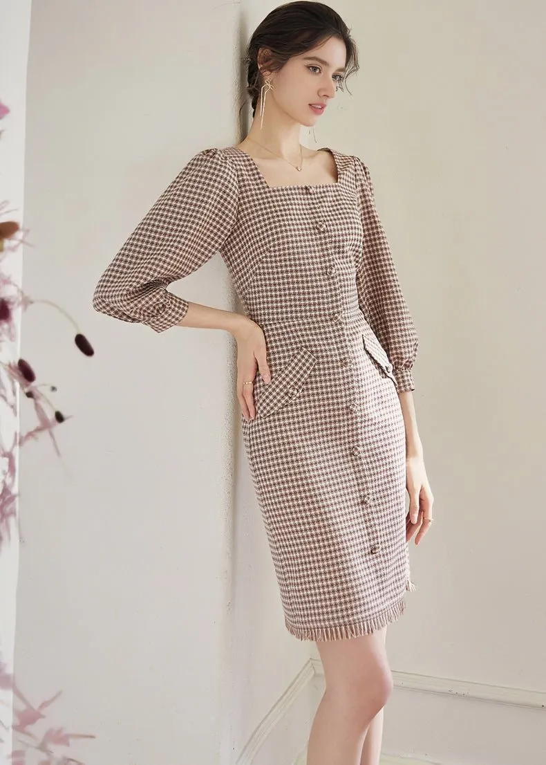 SQUARE PUFF SLEEVE LATTICE DRESS