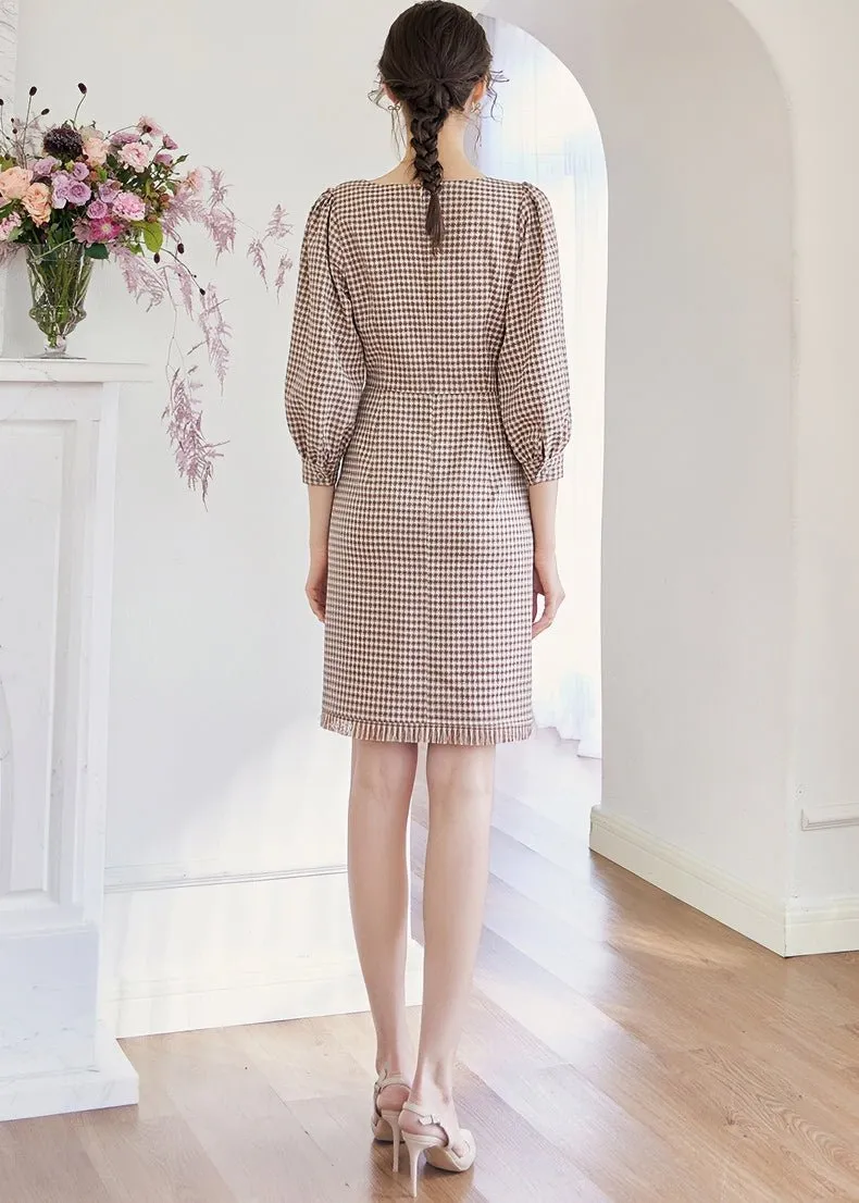 SQUARE PUFF SLEEVE LATTICE DRESS