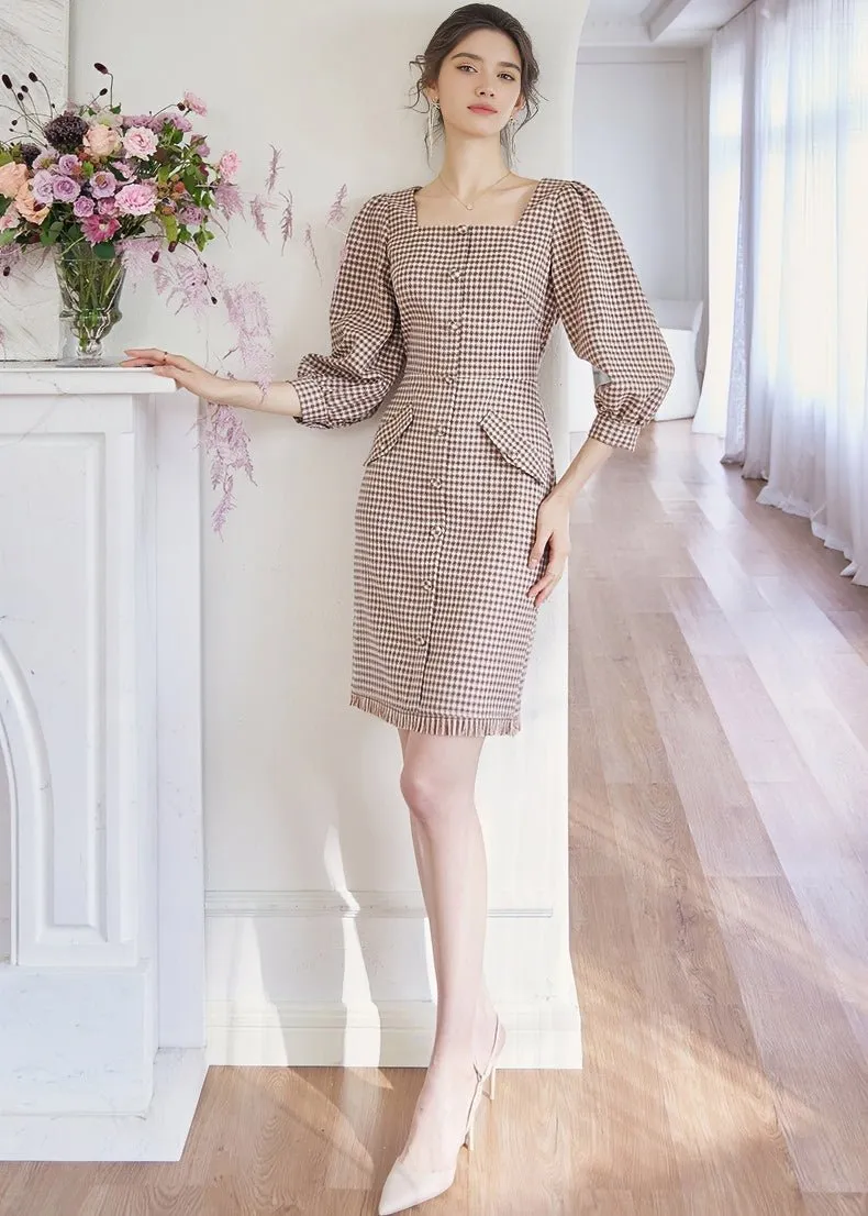 SQUARE PUFF SLEEVE LATTICE DRESS