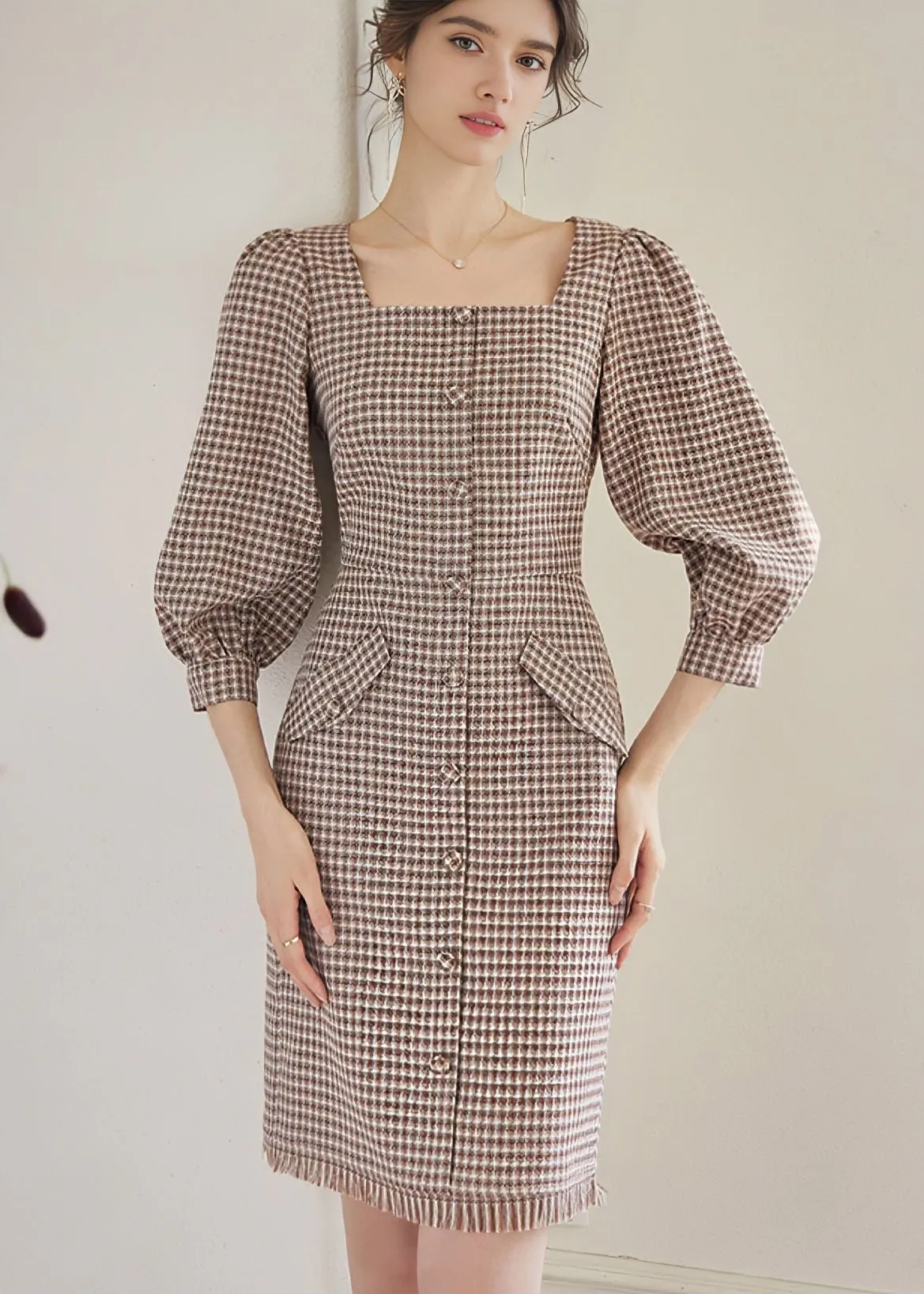 SQUARE PUFF SLEEVE LATTICE DRESS