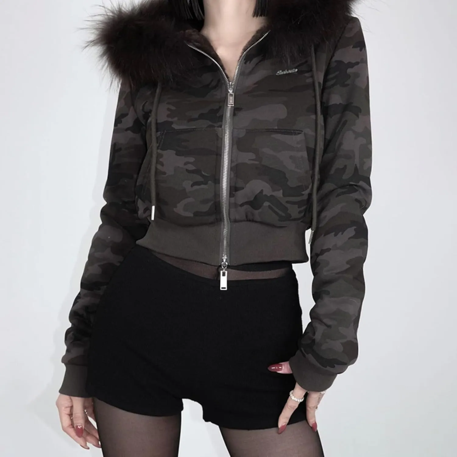 VCM Fur Hoodie Y2K Womens Zip Up Hoodies Camo Lightweight Cropped Sweatshirts Grunge 2000s Clothes Vintage Outerwear