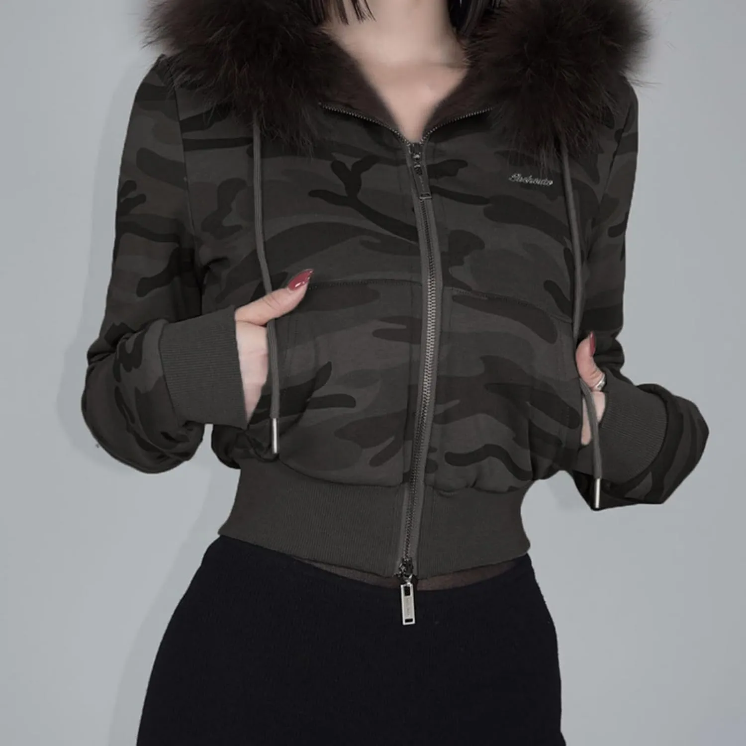 VCM Fur Hoodie Y2K Womens Zip Up Hoodies Camo Lightweight Cropped Sweatshirts Grunge 2000s Clothes Vintage Outerwear
