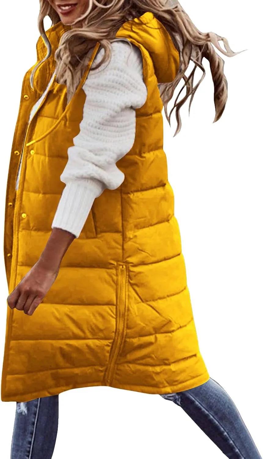 Wkishenl Womens Long Puffer Vest Oversized Sleeveless Lightweight Puffer Jacket Full Zipper Hooded Down Coat Winter Warm Coat