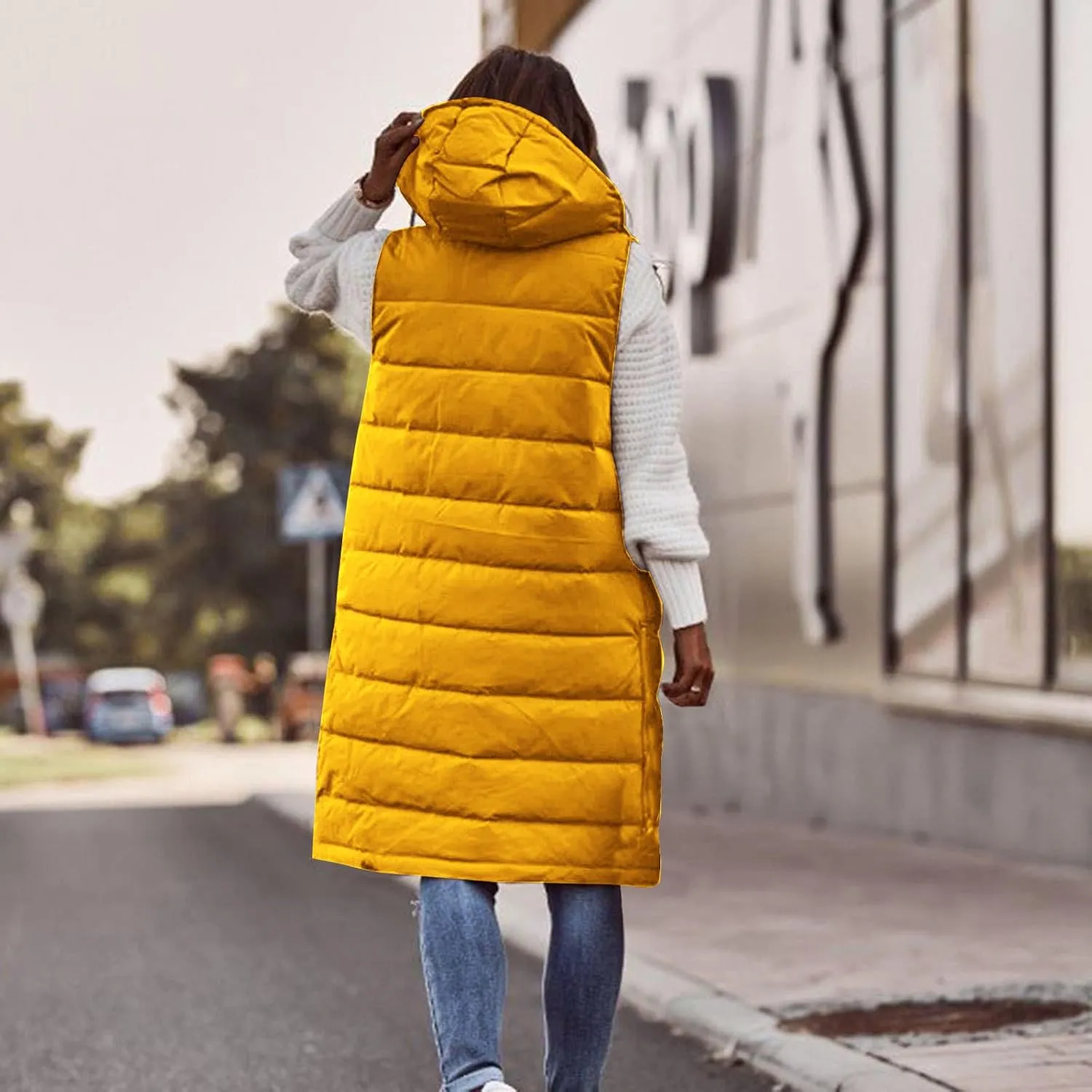 Wkishenl Womens Long Puffer Vest Oversized Sleeveless Lightweight Puffer Jacket Full Zipper Hooded Down Coat Winter Warm Coat