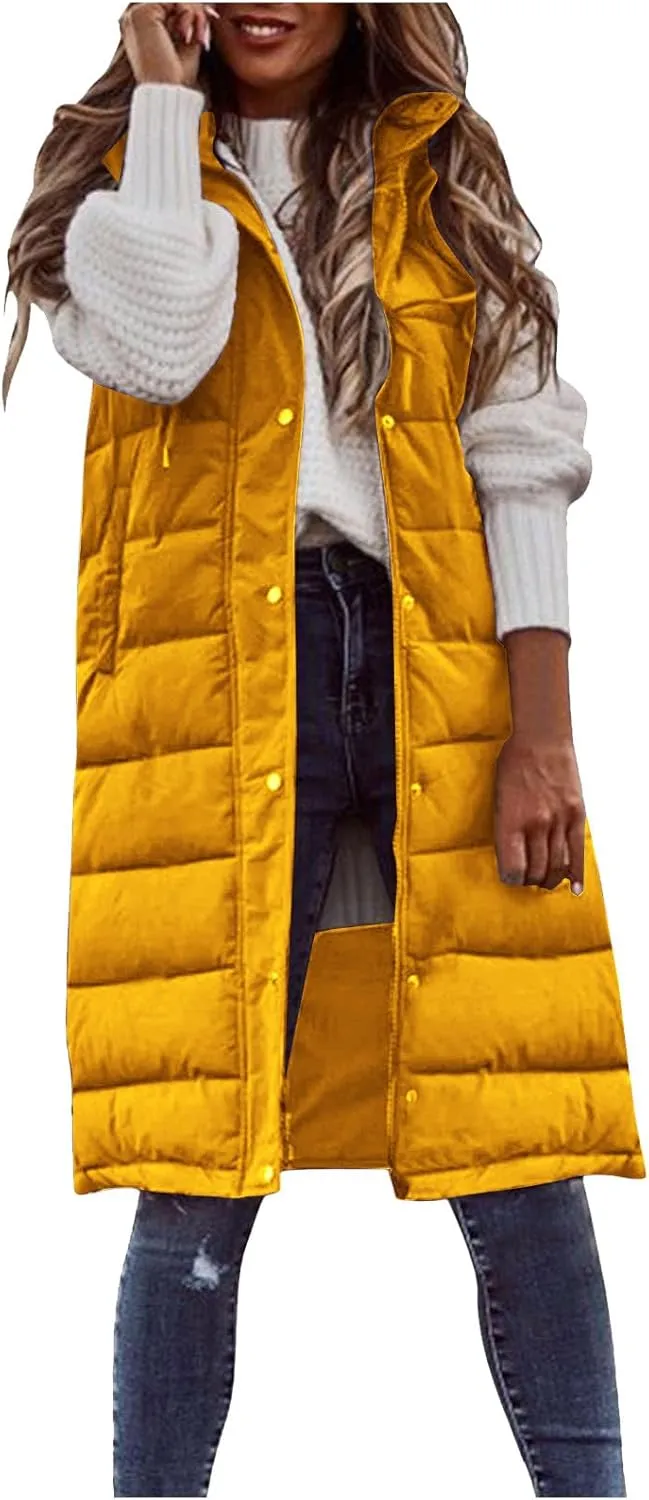 Wkishenl Womens Long Puffer Vest Oversized Sleeveless Lightweight Puffer Jacket Full Zipper Hooded Down Coat Winter Warm Coat