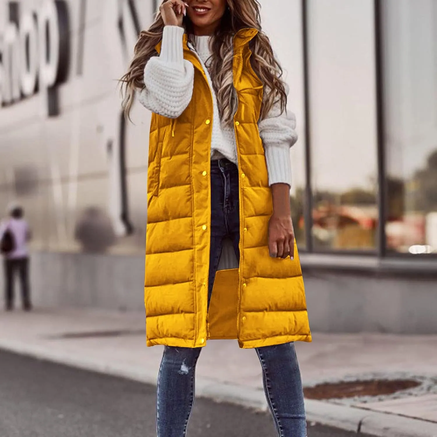 Wkishenl Womens Long Puffer Vest Oversized Sleeveless Lightweight Puffer Jacket Full Zipper Hooded Down Coat Winter Warm Coat