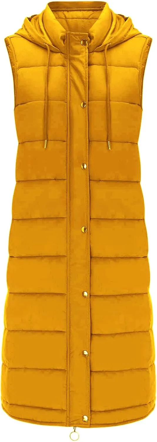 Wkishenl Womens Long Puffer Vest Oversized Sleeveless Lightweight Puffer Jacket Full Zipper Hooded Down Coat Winter Warm Coat
