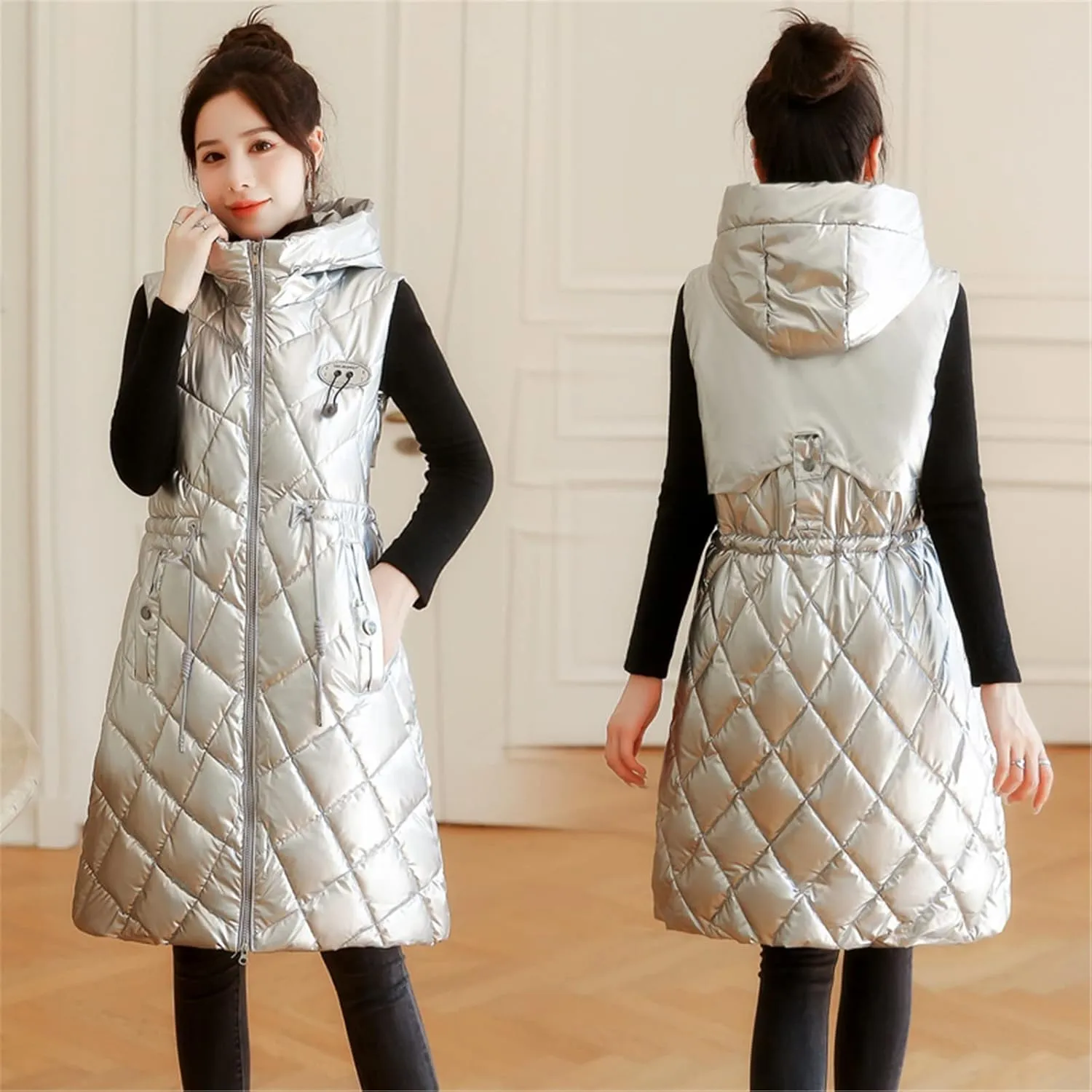 Women Casual Solid Jacket Hooded Vest Zipper Pocket Loose Sleeveless Jacket Long Coat Chambray Utility Jacket