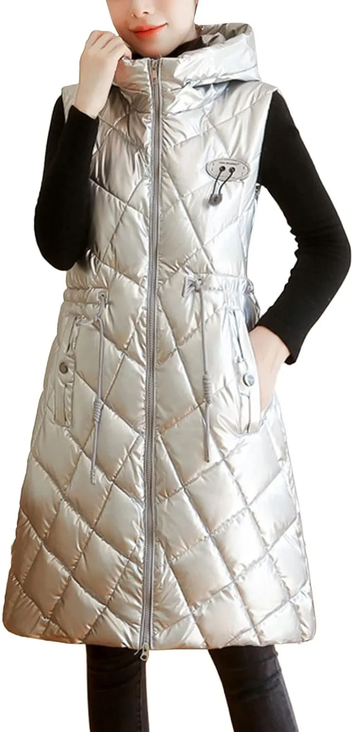Women Casual Solid Jacket Hooded Vest Zipper Pocket Loose Sleeveless Jacket Long Coat Chambray Utility Jacket