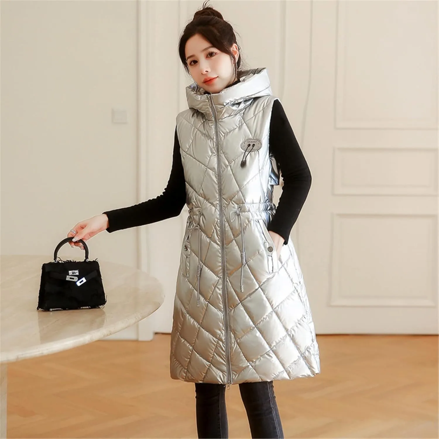 Women Casual Solid Jacket Hooded Vest Zipper Pocket Loose Sleeveless Jacket Long Coat Chambray Utility Jacket