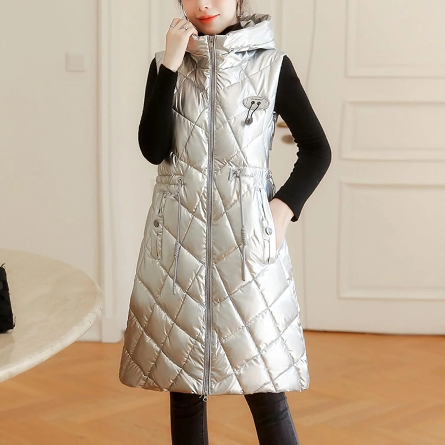 Women Casual Solid Jacket Hooded Vest Zipper Pocket Loose Sleeveless Jacket Long Coat Chambray Utility Jacket