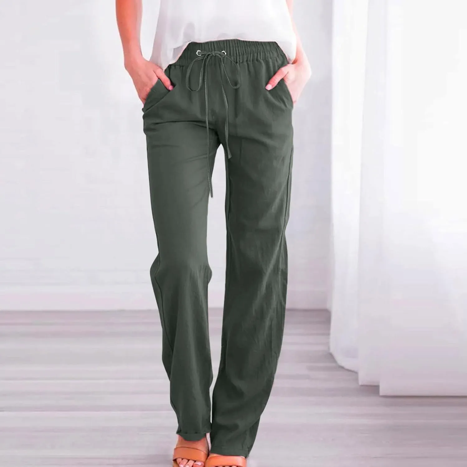 Women Summer High Waisted Cotton Linen Pants Straight Leg Drawstring Elastic High Waist Loose Comfy Trousers with Pockets