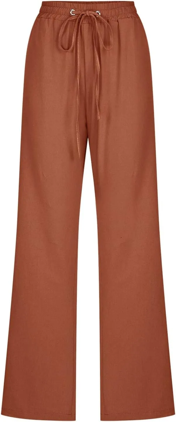 Women Summer High Waisted Cotton Linen Pants Straight Leg Drawstring Elastic High Waist Loose Comfy Trousers with Pockets