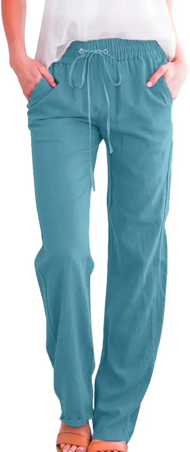Women Summer High Waisted Cotton Linen Pants Straight Leg Drawstring Elastic High Waist Loose Comfy Trousers with Pockets