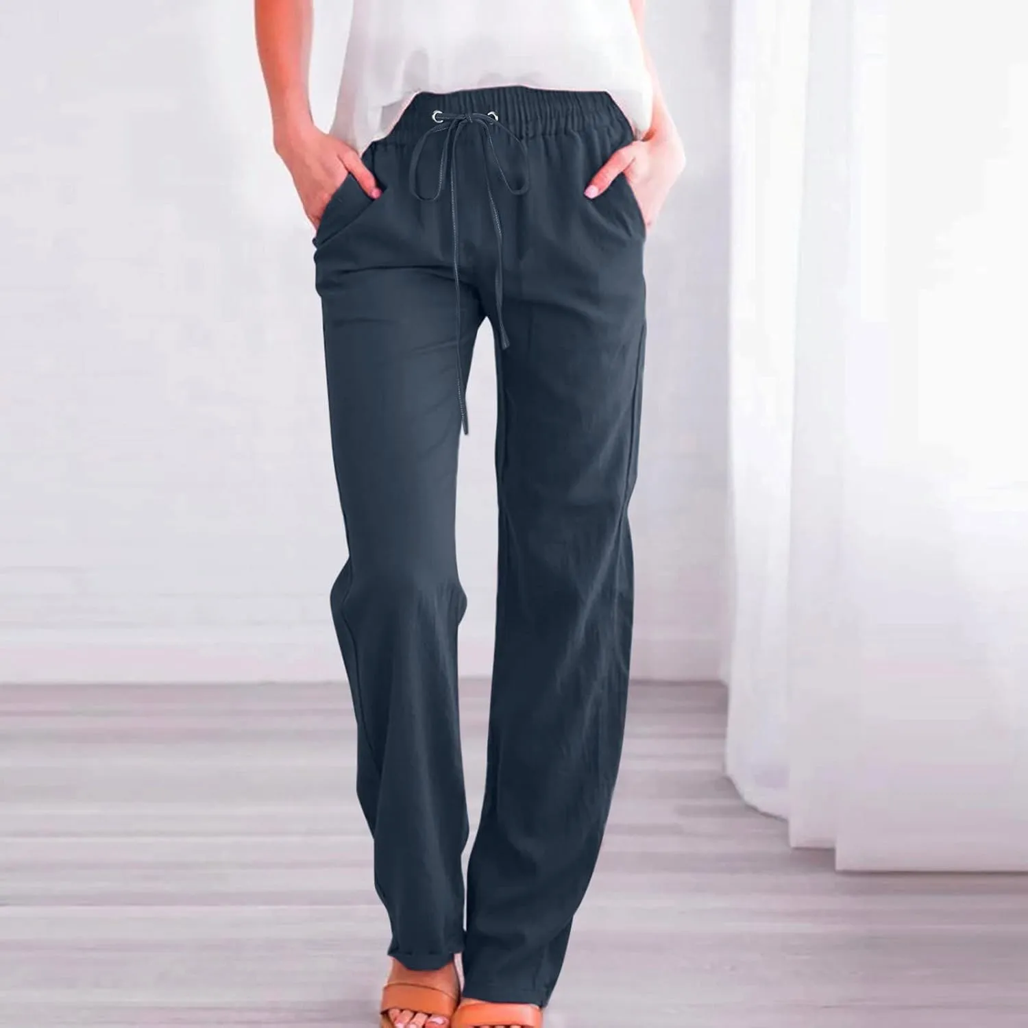 Women Summer High Waisted Cotton Linen Pants Straight Leg Drawstring Elastic High Waist Loose Comfy Trousers with Pockets