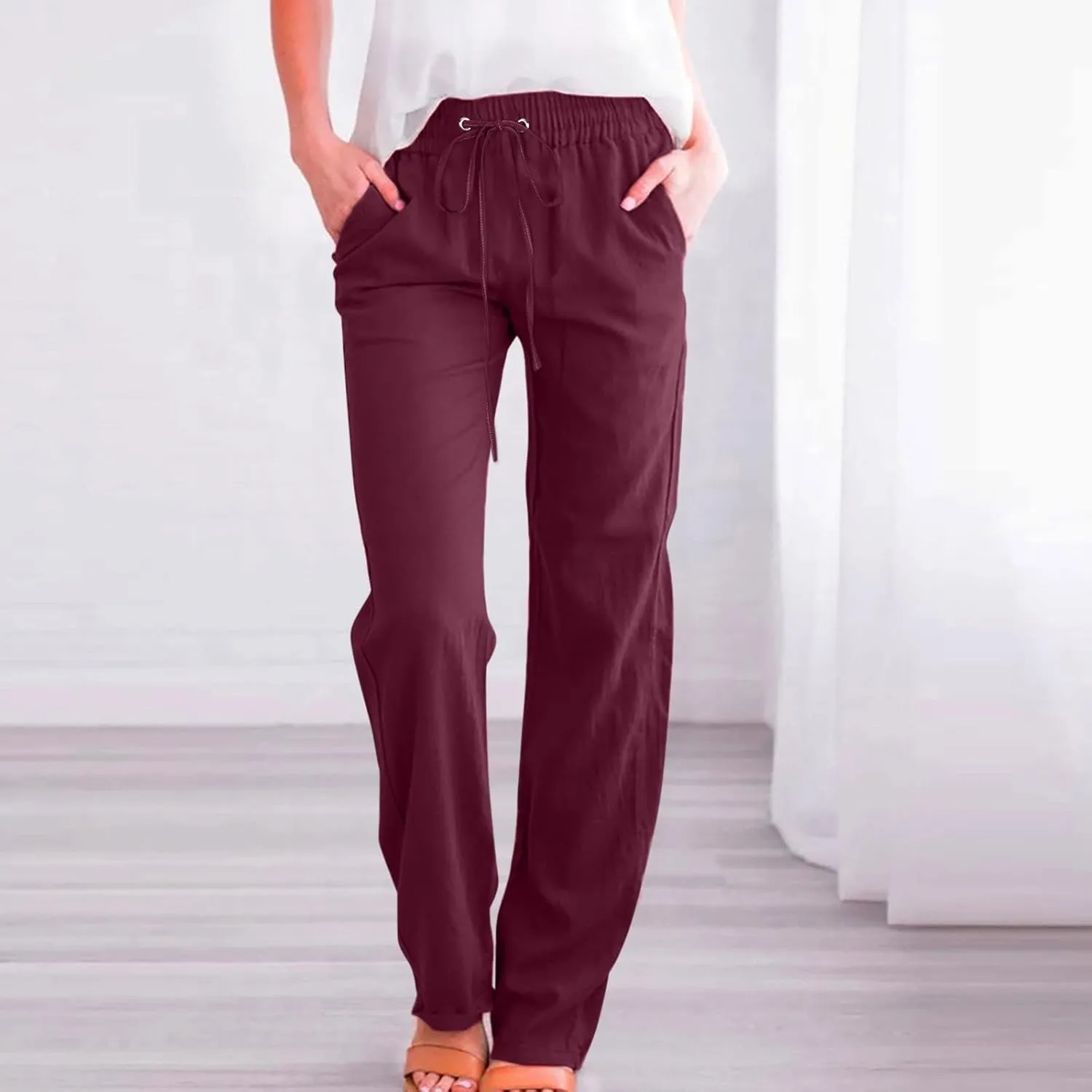 Women Summer High Waisted Cotton Linen Pants Straight Leg Drawstring Elastic High Waist Loose Comfy Trousers with Pockets