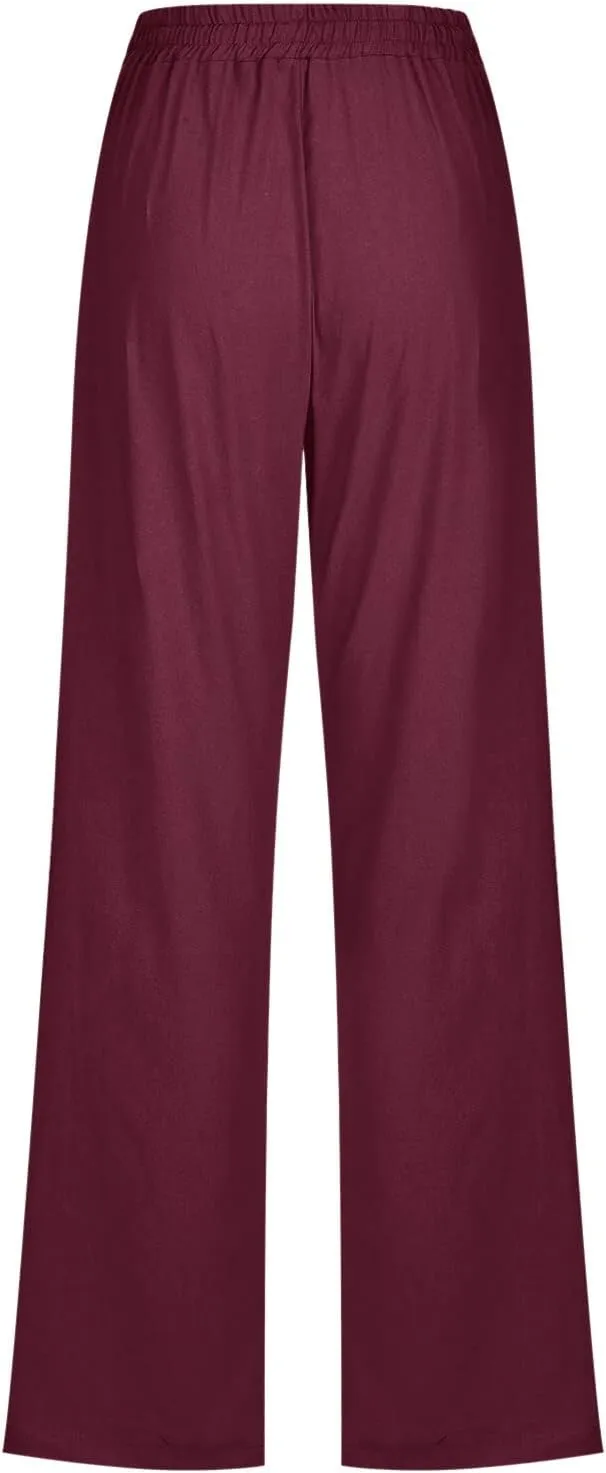 Women Summer High Waisted Cotton Linen Pants Straight Leg Drawstring Elastic High Waist Loose Comfy Trousers with Pockets