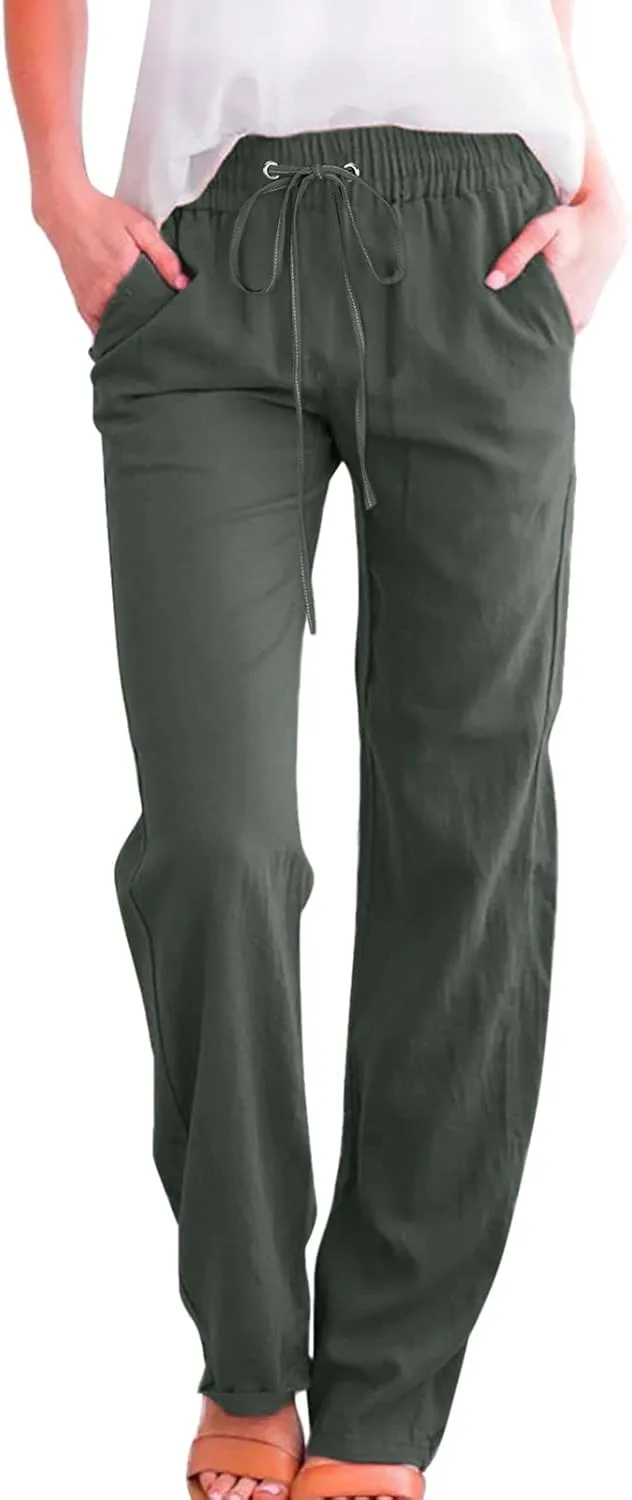 Women Summer High Waisted Cotton Linen Pants Straight Leg Drawstring Elastic High Waist Loose Comfy Trousers with Pockets