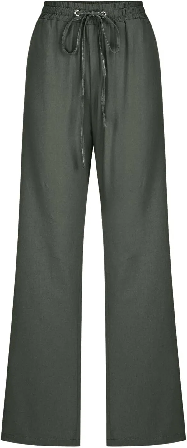 Women Summer High Waisted Cotton Linen Pants Straight Leg Drawstring Elastic High Waist Loose Comfy Trousers with Pockets