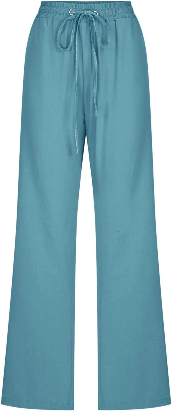 Women Summer High Waisted Cotton Linen Pants Straight Leg Drawstring Elastic High Waist Loose Comfy Trousers with Pockets
