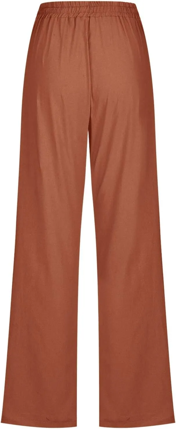 Women Summer High Waisted Cotton Linen Pants Straight Leg Drawstring Elastic High Waist Loose Comfy Trousers with Pockets