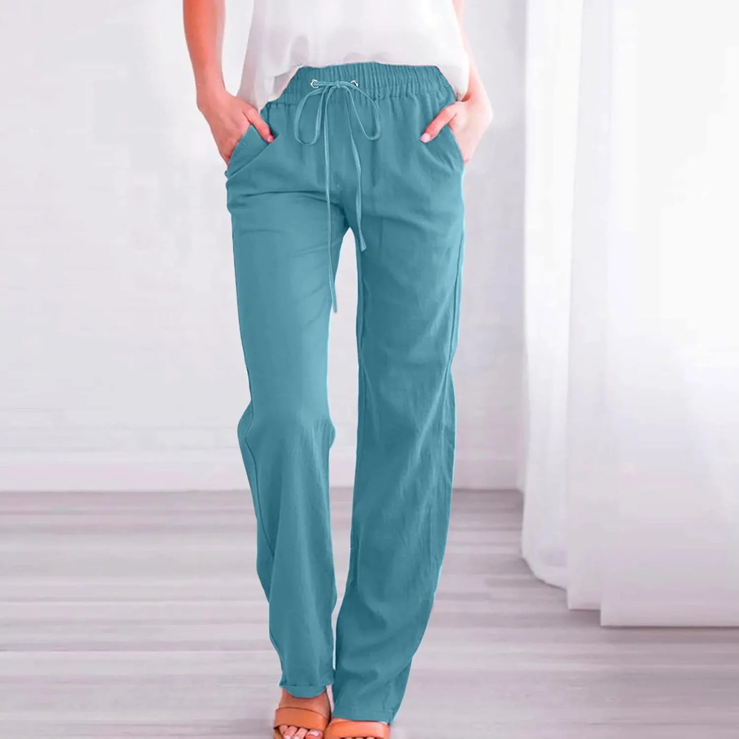 Women Summer High Waisted Cotton Linen Pants Straight Leg Drawstring Elastic High Waist Loose Comfy Trousers with Pockets