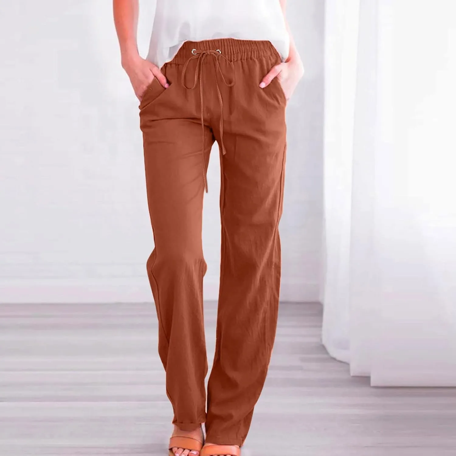Women Summer High Waisted Cotton Linen Pants Straight Leg Drawstring Elastic High Waist Loose Comfy Trousers with Pockets