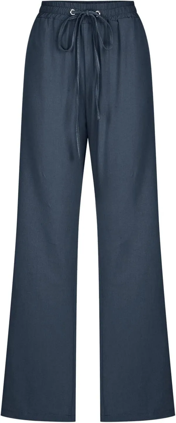 Women Summer High Waisted Cotton Linen Pants Straight Leg Drawstring Elastic High Waist Loose Comfy Trousers with Pockets