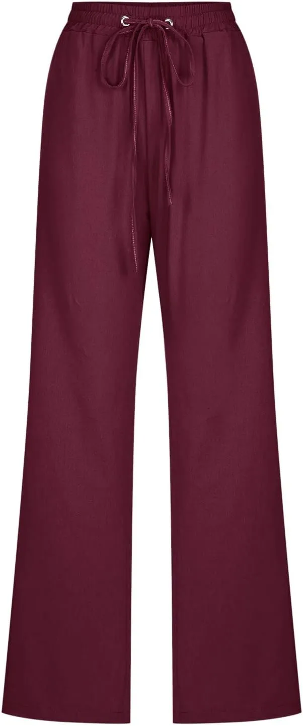Women Summer High Waisted Cotton Linen Pants Straight Leg Drawstring Elastic High Waist Loose Comfy Trousers with Pockets