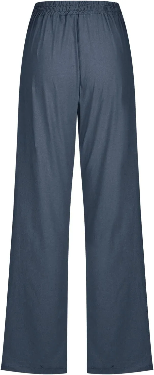 Women Summer High Waisted Cotton Linen Pants Straight Leg Drawstring Elastic High Waist Loose Comfy Trousers with Pockets