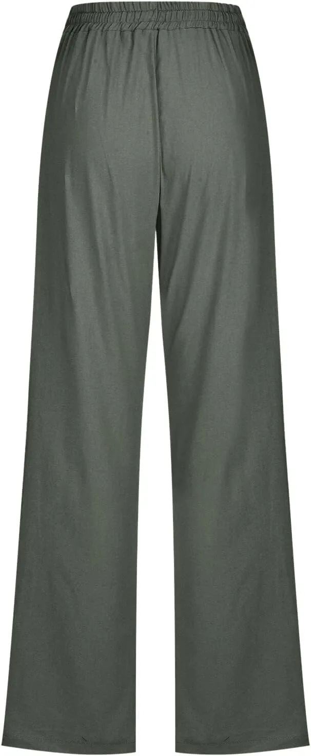 Women Summer High Waisted Cotton Linen Pants Straight Leg Drawstring Elastic High Waist Loose Comfy Trousers with Pockets
