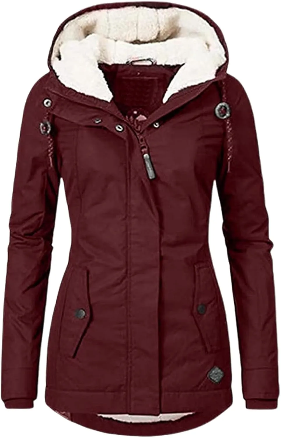 Womens 2024 Winter Fashion Zip Up Fleece Coat Long Sleeve Hooded Pockets Overcoat Insulated Fitted Soft Daily Outwear