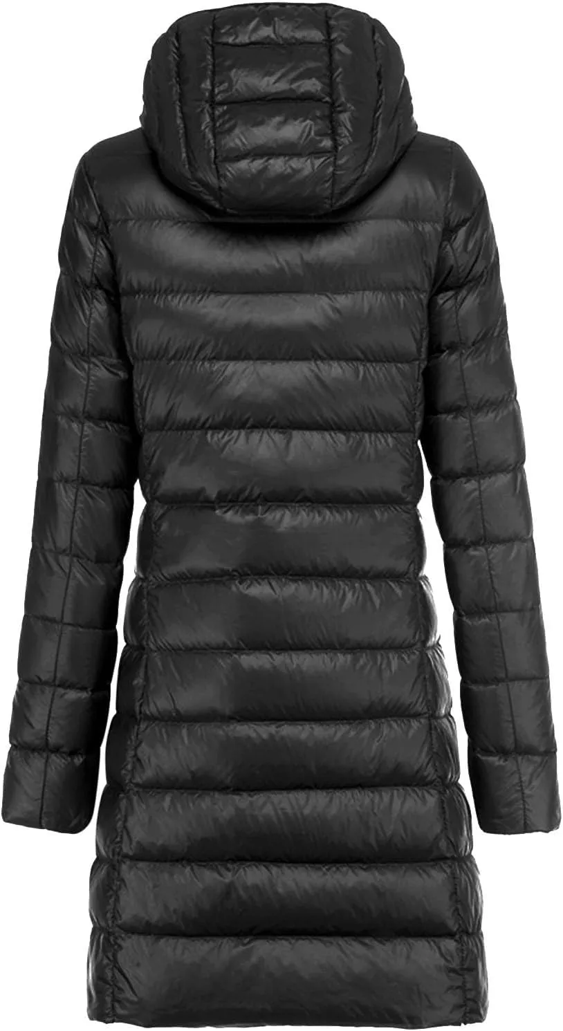 Womens 2024 Winter Outdoor Commuting Long Puffer Coats Thick Warm Soft Slim Down Jackets Casual Zipper Hooded Overcoat