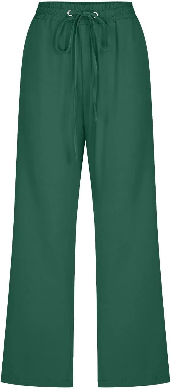 Womens Capris Pants Linen Straight Wide Leg Stretchy Waist Cropped Trousers Drawstring Loose Pants Casual Summer 2025
