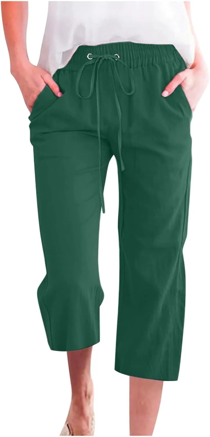 Womens Capris Pants Linen Straight Wide Leg Stretchy Waist Cropped Trousers Drawstring Loose Pants Casual Summer 2025