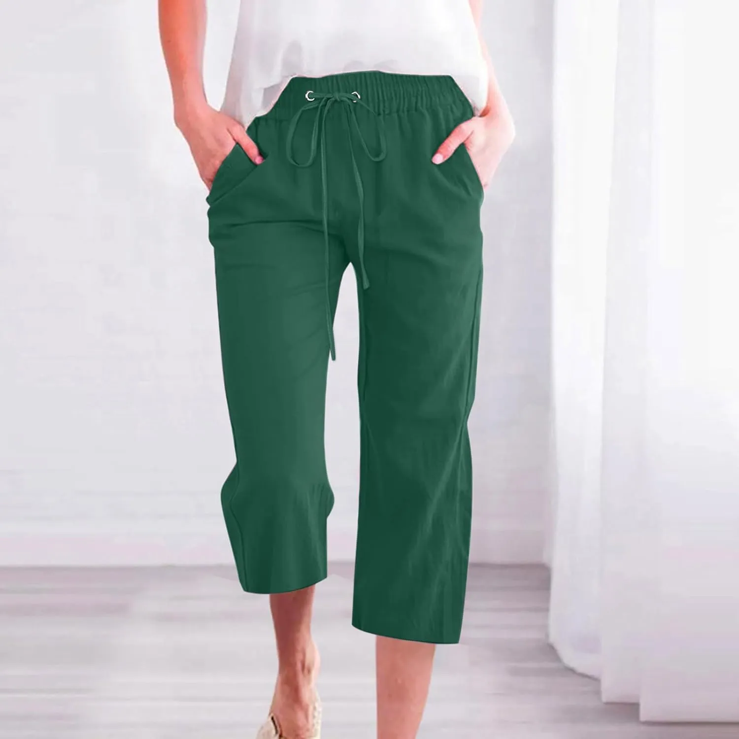 Womens Capris Pants Linen Straight Wide Leg Stretchy Waist Cropped Trousers Drawstring Loose Pants Casual Summer 2025