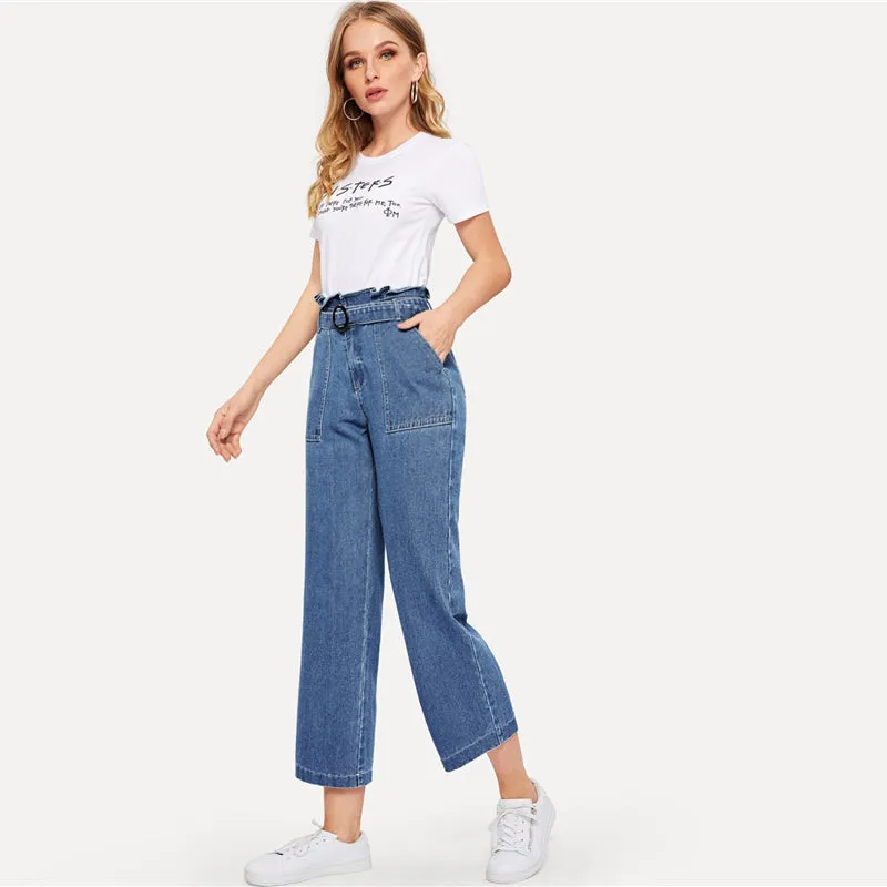 Women's Casual Loose Crop Jeans With Belt