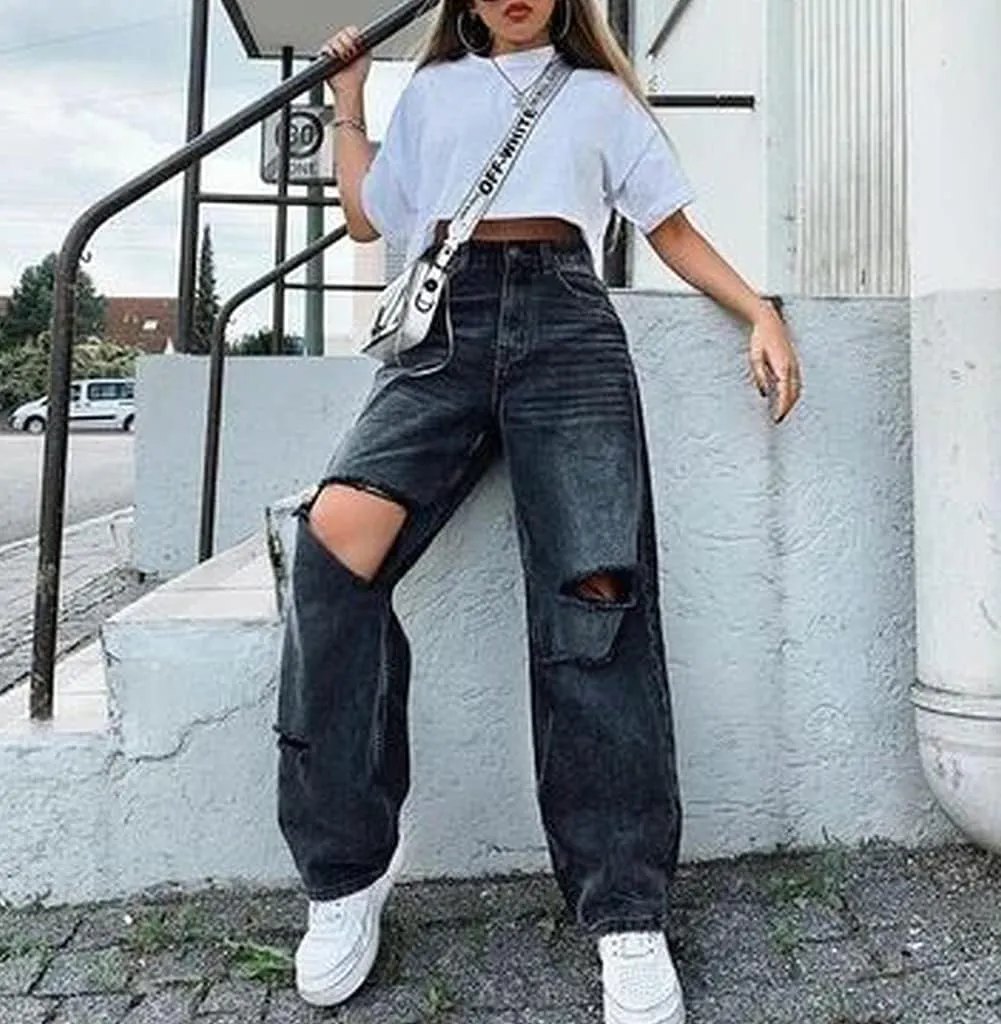 Women's High Waist Jeans Y2K Fashion Wide Leg Straight Leg Jeans Loose Stitched Lace Jeans Ripped Streetwear