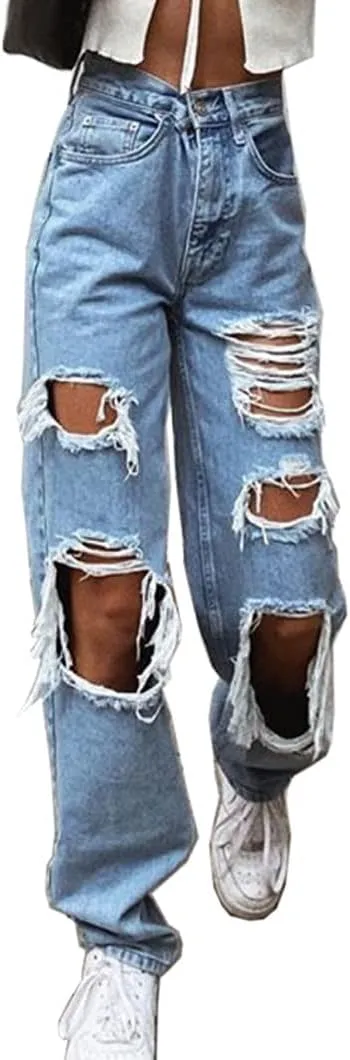 Women's High Waist Jeans Y2K Fashion Wide Leg Straight Leg Jeans Loose Stitched Lace Jeans Ripped Streetwear