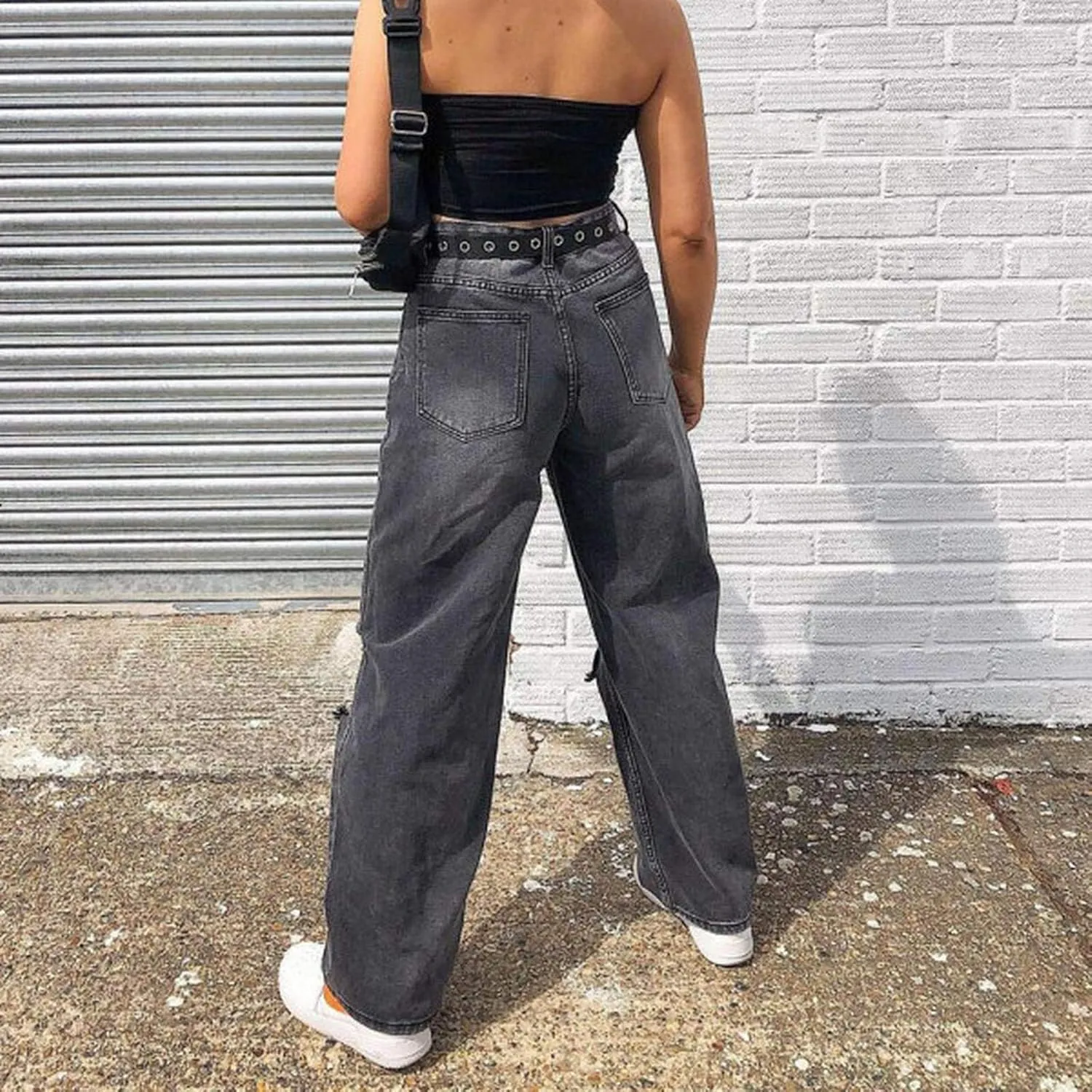 Women's High Waist Jeans Y2K Fashion Wide Leg Straight Leg Jeans Loose Stitched Lace Jeans Ripped Streetwear