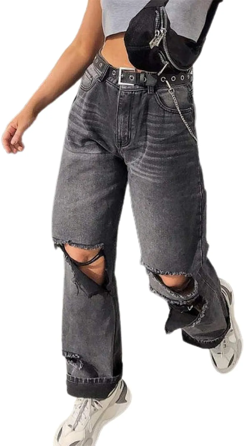 Women's High Waist Jeans Y2K Fashion Wide Leg Straight Leg Jeans Loose Stitched Lace Jeans Ripped Streetwear