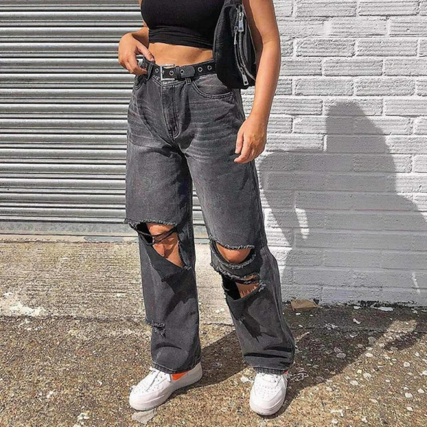 Women's High Waist Jeans Y2K Fashion Wide Leg Straight Leg Jeans Loose Stitched Lace Jeans Ripped Streetwear