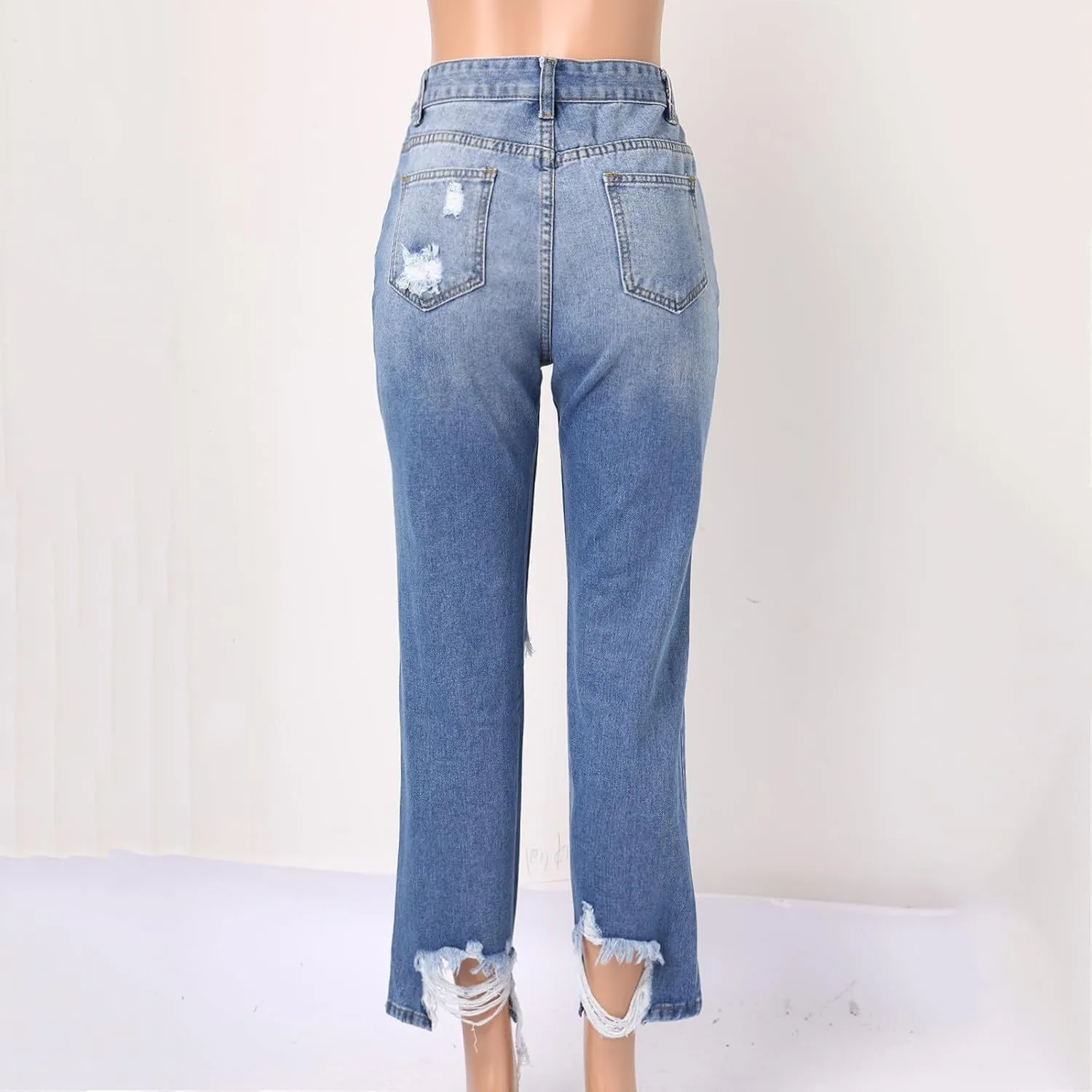 Womens Jeans Ripped Stretch Loose Hole Irregular Sand Wash Jeans Trousers