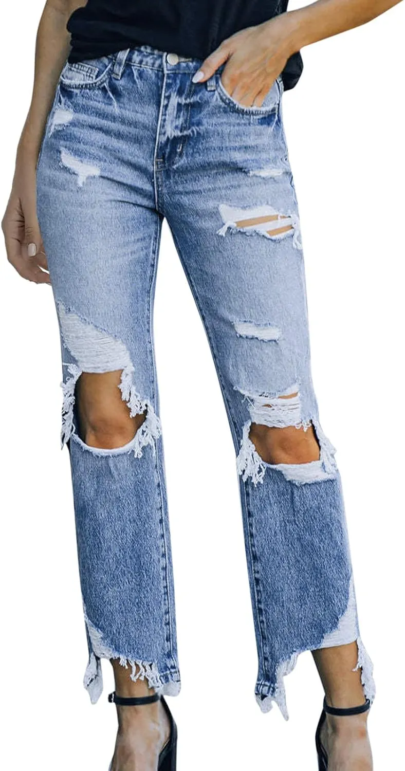 Womens Jeans Ripped Stretch Loose Hole Irregular Sand Wash Jeans Trousers