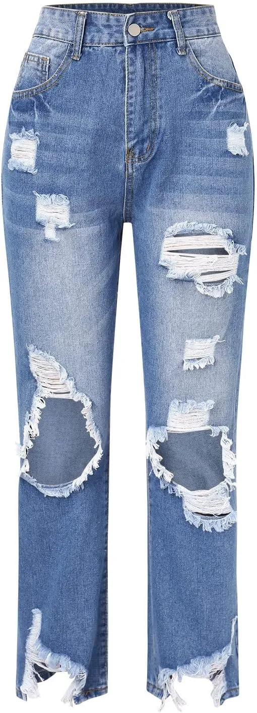 Womens Jeans Ripped Stretch Loose Hole Irregular Sand Wash Jeans Trousers
