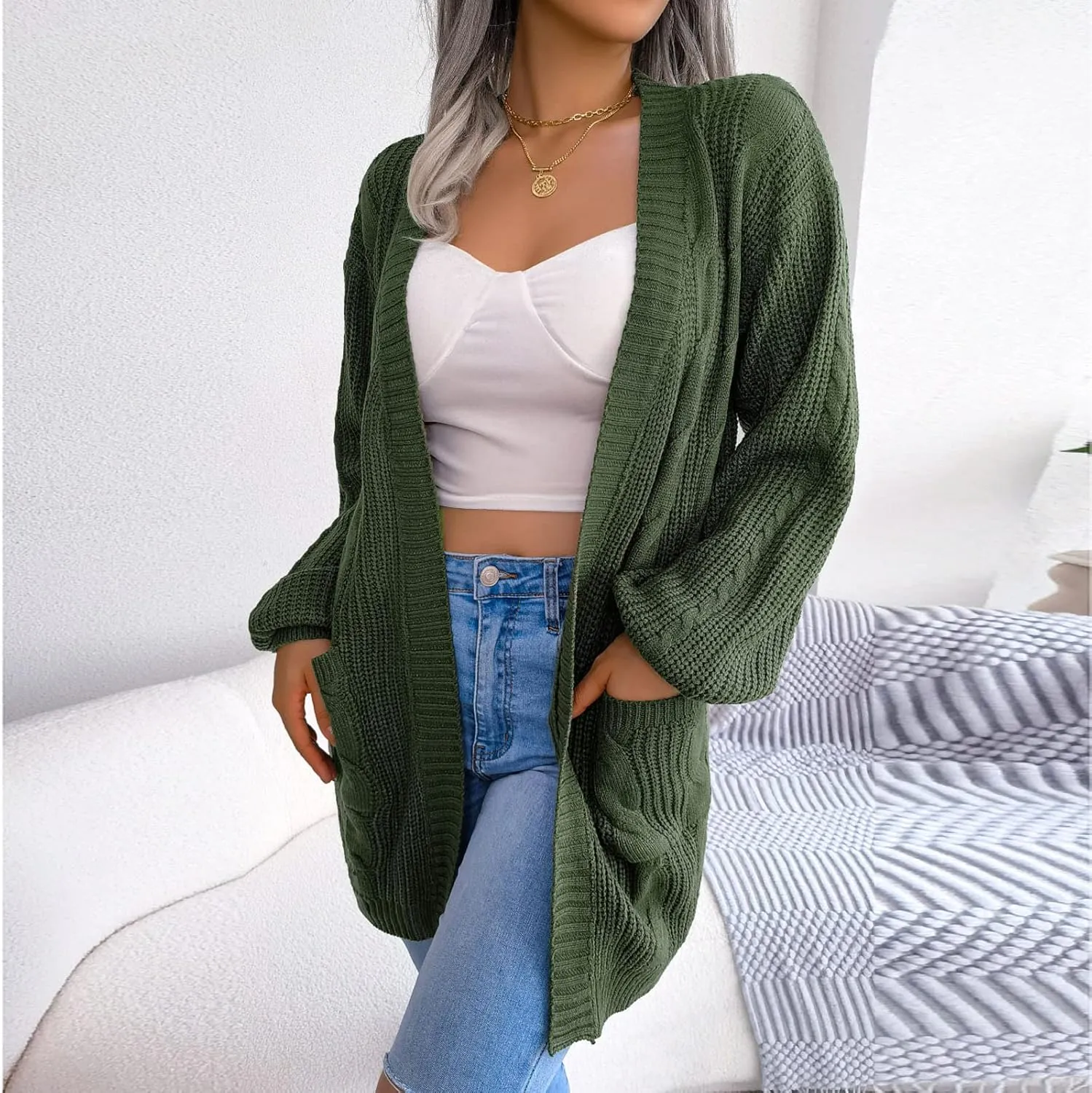 Women's Long Sleeve Soft Chunky Knit Sweater Solid Pockets Open Front Cardigans Outwear Coat Casual Cozy Fall Cover Up
