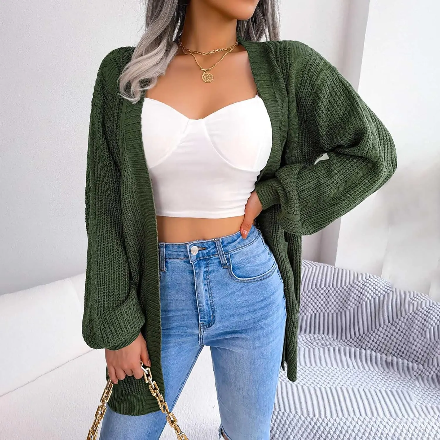 Women's Long Sleeve Soft Chunky Knit Sweater Solid Pockets Open Front Cardigans Outwear Coat Casual Cozy Fall Cover Up