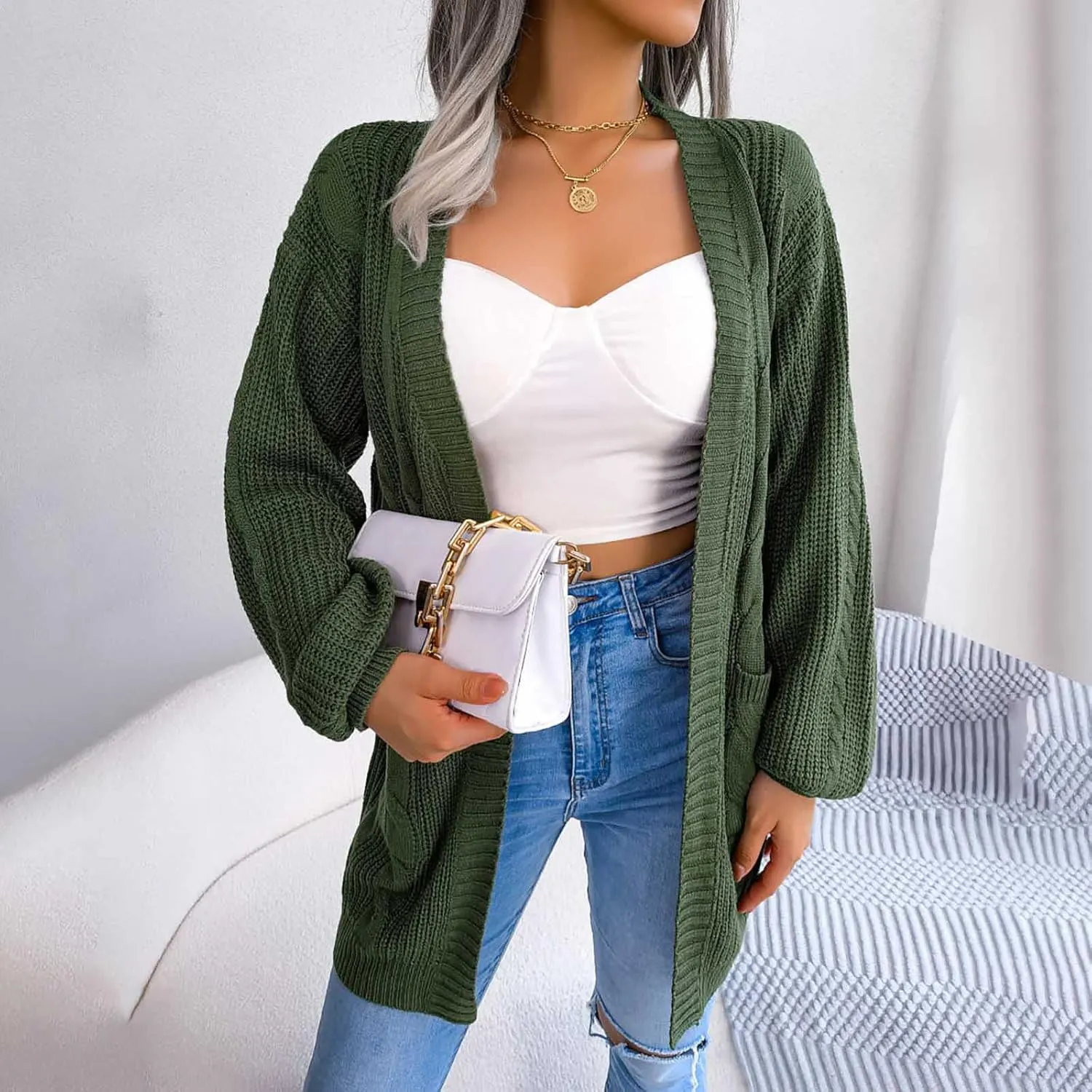 Women's Long Sleeve Soft Chunky Knit Sweater Solid Pockets Open Front Cardigans Outwear Coat Casual Cozy Fall Cover Up