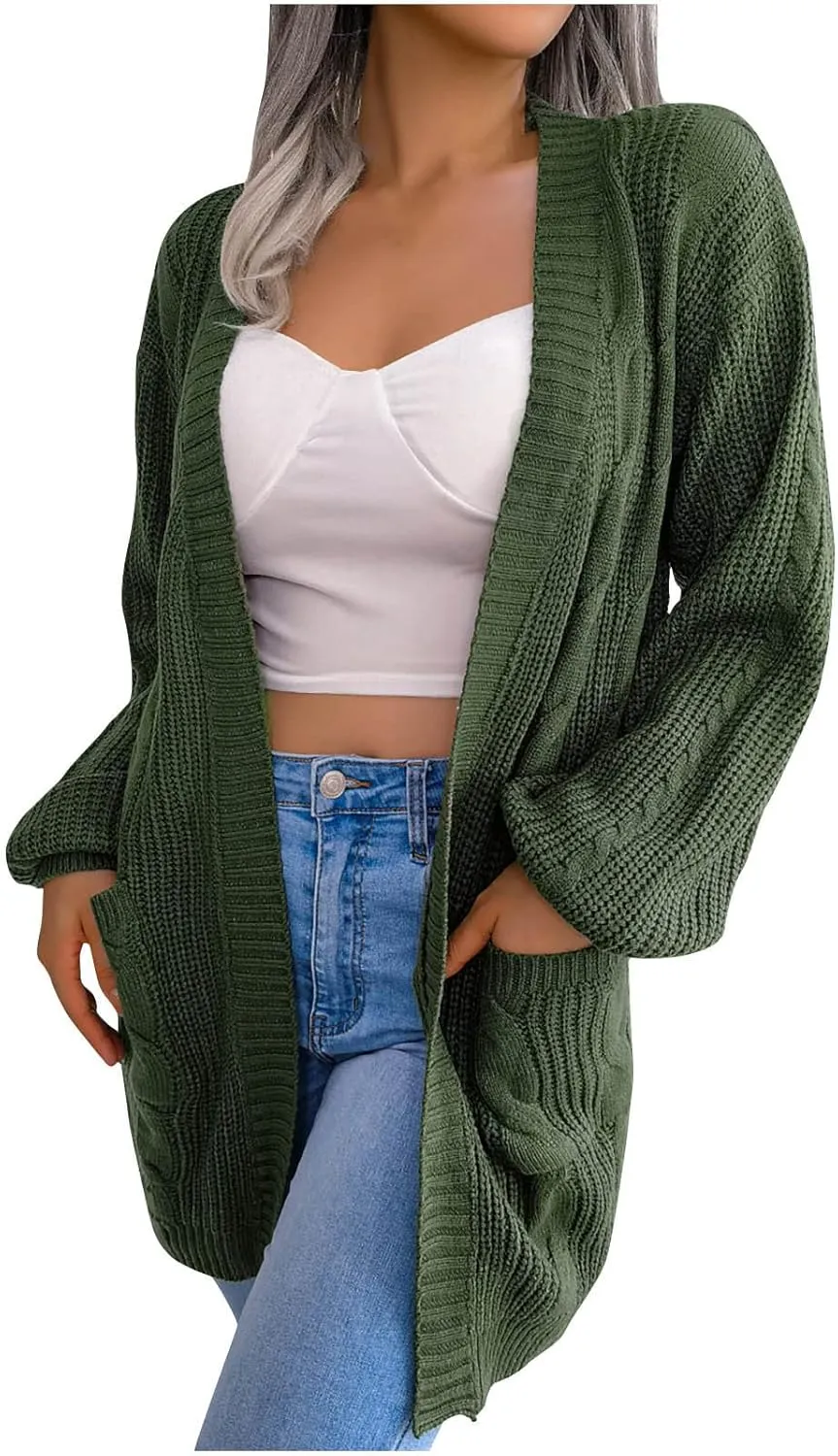 Women's Long Sleeve Soft Chunky Knit Sweater Solid Pockets Open Front Cardigans Outwear Coat Casual Cozy Fall Cover Up