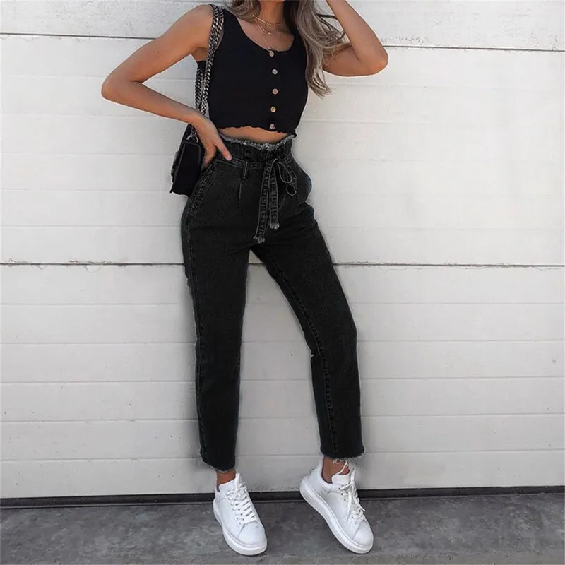 Women's Loose High-Waist Jeans With Belt